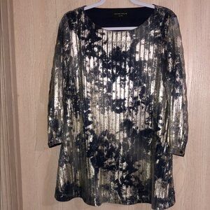 Hilton Hollis Gold and Sheer Patterned Over Dark Blue Liner Dress L